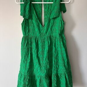Zara Embroidered Tie Shoulder Mini Dress Kelly Green Bohemian Resort Wear, Sz 6